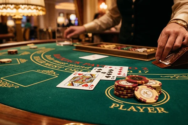 Mesa de Vinte e Um online no lucky bet com cartas e fichas, celebrando uma vitória.