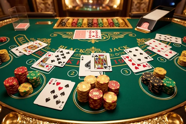 Mesa de Vinte e Um com cartas distribuídas e fichas de aposta no lucky bet.