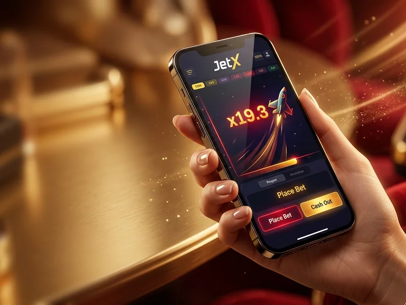 Pessoa jogando JetX em um smartphone, com o aplicativo Lucky Bet