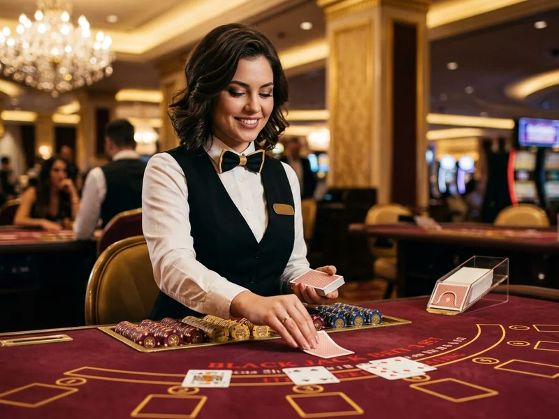 Dealer ao vivo em uma mesa de Vinte e Um no lucky bet.